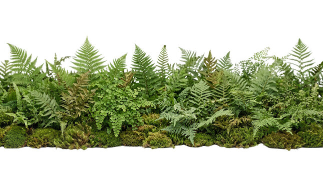 Borde horizontal de helechos verdes frescos y musgo natural sobre un fondo blanco aislado, ideal para composiciones bot&aacute;nicas, dise&ntilde;o de jardiner&iacute;a, decoraci&oacute;n de interiores y proyectos de naturaleza.