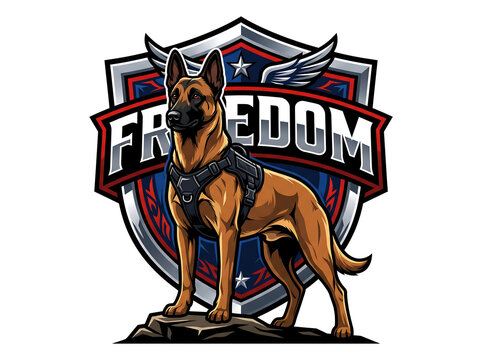 German shepherd dog inside metallic shield emblem featuring freedom text represents strength loyalty and canine protection.
