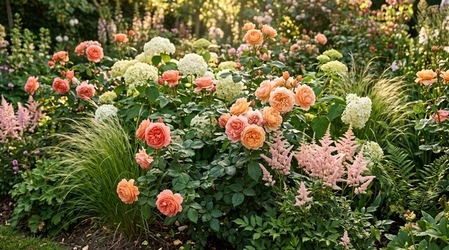 Premium close-up garden composition filled with abundant coral, apricot and peach roses, surrounded by cream-colored hydrangeas, soft pink astilbe and delicate green ornamental grasses