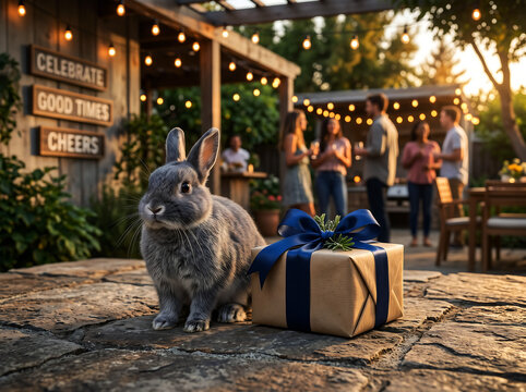 Cute fluffy rabbit sitting beside a gift box with a blue ribbon in an outdoor backyard party setting with people socializing and string lights.