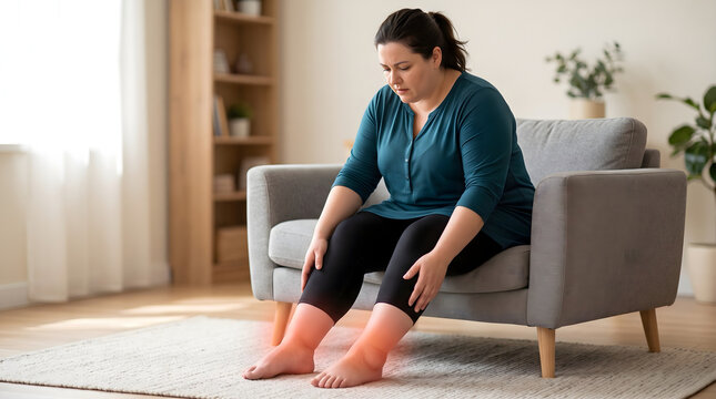 Woman sitting on couch suffering from swollen legs and ankles