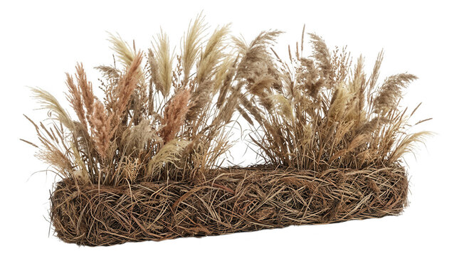 Arreglo floral decorativo compuesto por hierbas secas y espigas naturales insertadas en una base rectangular de ramas entrelazadas, ideal para decoraci&oacute;n r&uacute;stica, dise&ntilde;o de interiores y eventos