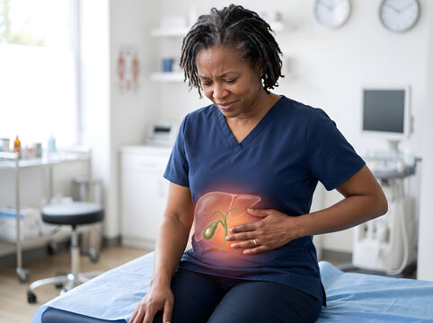 Middle aged nurse holding stomach with liver and gallbladder graphic