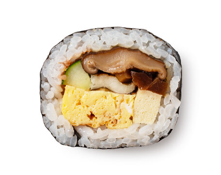 Top View of Single Piece of Japanese Futomaki Thick Sushi Roll Isolated on White Background