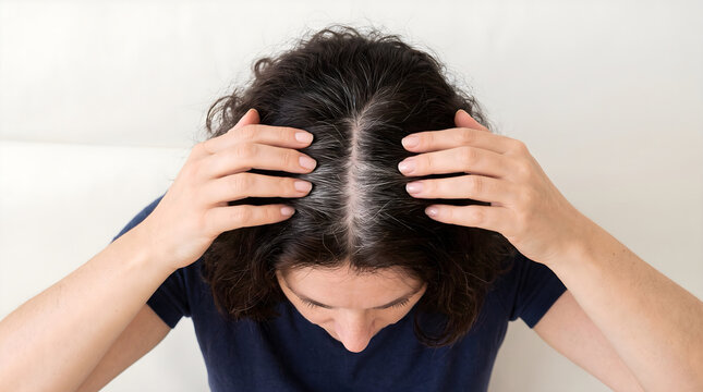 Woman showing gray hair roots on top of head
