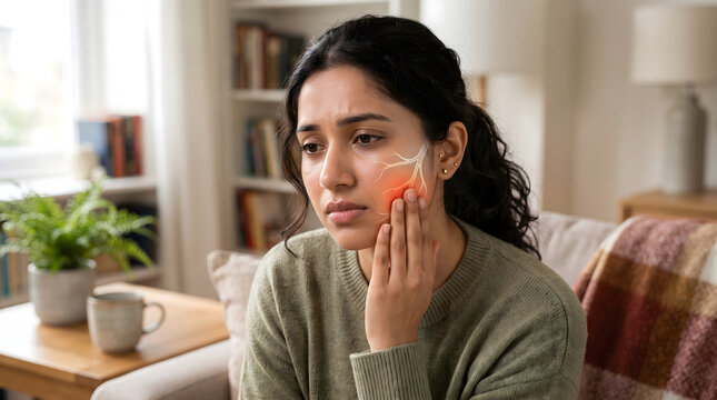 Young woman touching her cheek suffering from toothache or neuralgia