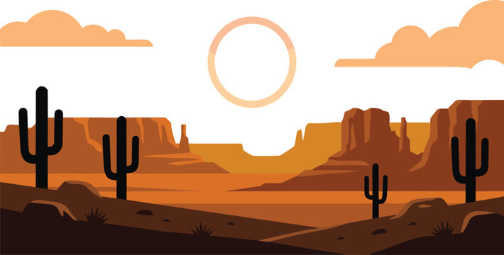 Desert landscape background vector illustration with saguaro cactus silhouettes canyon rocks mountains clouds and a glowing sun at sunset