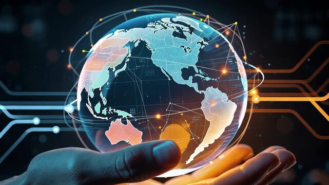 Hand gently holding glowing globe representing global connection technology and unity