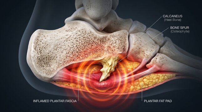 Labeled 3D Cross-Section of Heel Bone Showing Jagged Calcaneal Spur Piercing Inflamed Plantar Fascia