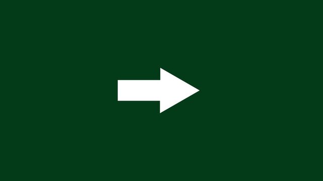 Minimalist white arrow pointing right against a solid deep forest green background, high-contrast for modern ui navigation signage, and digital presentation visuals