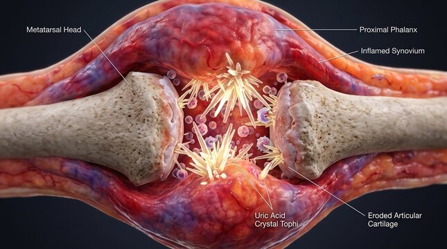 Labeled 3D Medical Cross-Section Diagram of MTP Joint Gout Showing Uric Acid Tophi and Eroded Cartilage