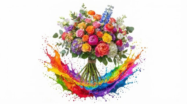 Vibrant floral bouquet with rainbow paint splash, colorful spring flower arrangement, artistic botanical explosion for celebration isolated on White Background