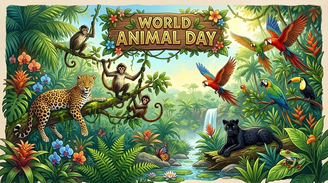 Tropical rainforest illustration with leopard, monkeys, black panther, parrots, toucan, frog, butterflies, waterfall, lush foliage, flowers, celebrating biodiversity and wildlife conservation