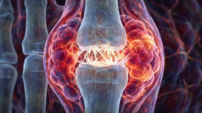 Translucent 3D Cellular View of Severe Gout Attack with Swollen Inflammatory Capsule and Uric Acid Core