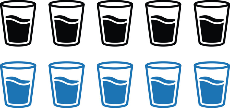 Water glass vector icon set tracker balance showing daily liquid hydration intake in blue and black colors