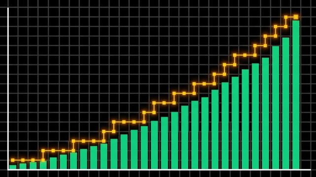 暗いグリッド背景に上昇する緑色の棒グラフと輝くオレンジの折れ線グラフが成長を示すデータ可視化CG