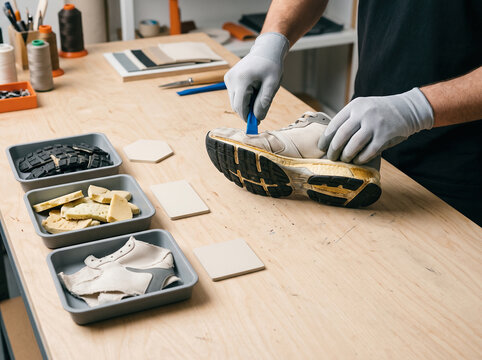 Craftsman Restoring and Cleaning Sneaker in Workshop