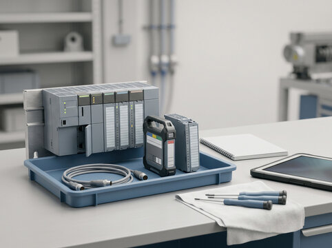 Industrial PLC Controller and Automation Equipment on Workbench