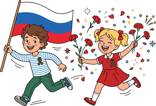 Happy children running with Russian flag and red flowers, celebrating Victory Day with confetti.