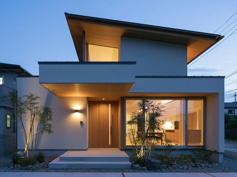 夕暮れ時に温かい明かりが灯るモダンな2階建てデザイナーズ住宅の外観