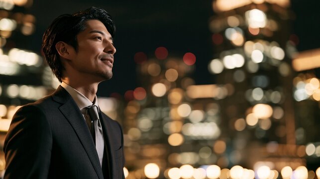 温かい夜景の光を背景に落ち着いた笑みを浮かべるスーツ姿の男性