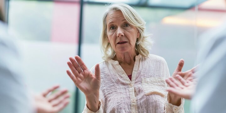 A mature woman with blonde hair gestures with her hands as she speaks to two unseen individuals. She appears to be in conversation, possibly seeking clarification or expressing a point