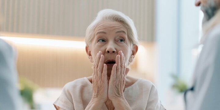 An elderly woman looks surprised and scared, with her hands covering her mouth, as two doctors stand on either side of her, their faces blurred.