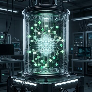 Quantum computing hardware processor inside glass cylindrical chamber features glowing green neon circuits with floating neural network nodes for advanced data processing in dark laboratory facility.