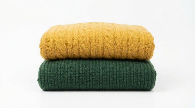 Cozy cable knit sweaters, stack of folded yellow and green wool jumpers, warm winter clothing and seasonal knitwear apparel isolated on White Background