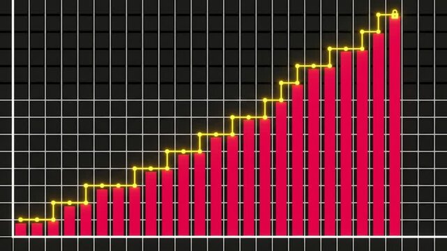 黒いグリッド背景に上昇する赤色の棒グラフと輝く黄色の折れ線グラフが成長を示すデータ可視化CG