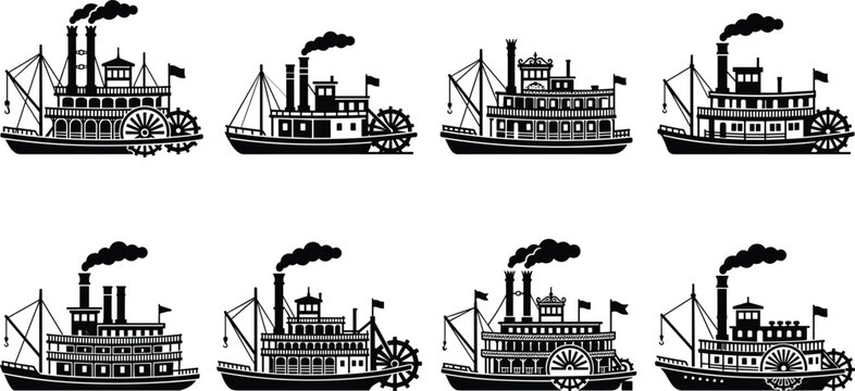 Vintage Steamboat Paddle Wheel Riverboat Vessel Silhouette Vector Set Isolated On White Background