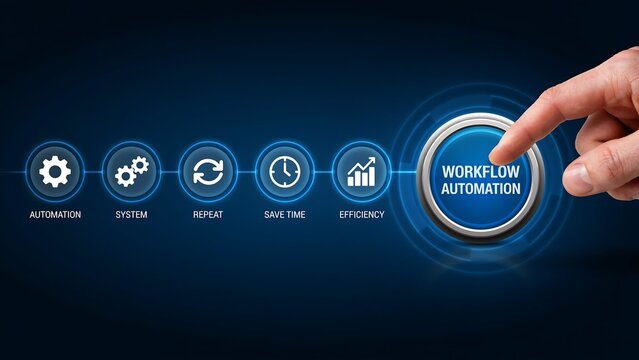 Workflow automation concept with human finger pressing button on blue background, illustrating streamlined business processes and increased efficiency.