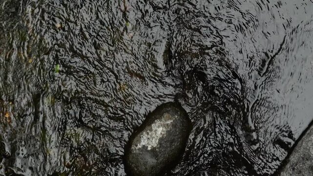 Overhead view of dark clear river stream flowing smoothly around river rocks and stones, natural water current