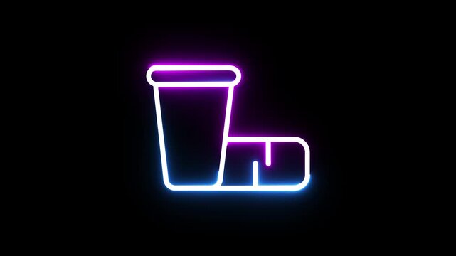 Neon glowing drink cup and sandwich icon animation isolated on black background for menu.