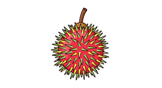 A colorful illustration of a single rambutan fruit with spiky red skin.