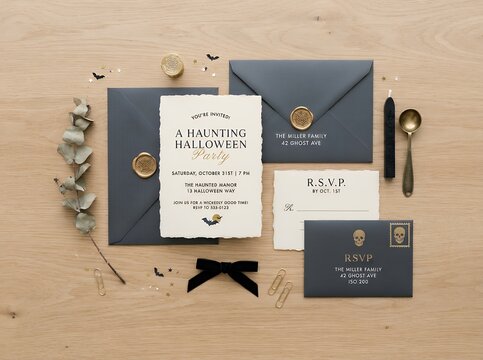 Halloween Party Invitation Suite with Wax Seals and RSVP Card.
