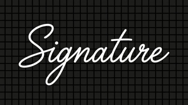 黒いグリッド背景に白い筆記体でSignatureの文字が連続して描かれるタイポグラフィCG動画