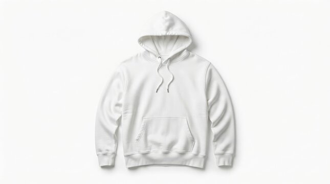 White hoodie mockup, blank cotton sweatshirt with hood, minimalist fleece pullover for apparel branding and streetwear design isolated on White Background