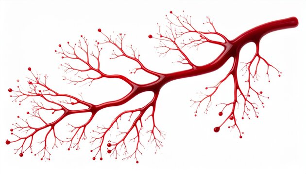 Branching Blood Vessels with Red Droplets Isolated on White Background