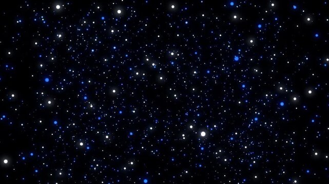漆黒の真空空間に分散し浮遊する白とコバルトブルーの美しい量子ドットと粒子の抽象CG動画