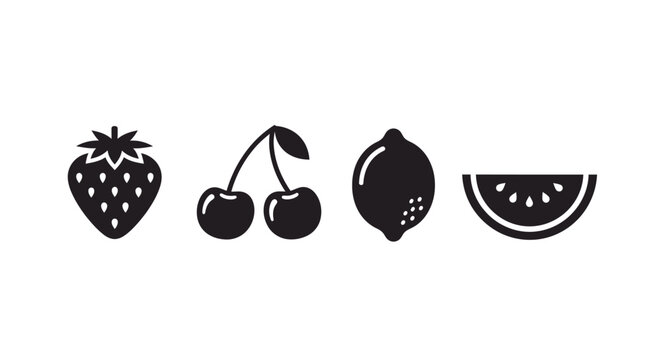 Four black fruit icons on white background with slice arranged horizontally cherries lemon watermelon strawberry two cherries illustration with graphic