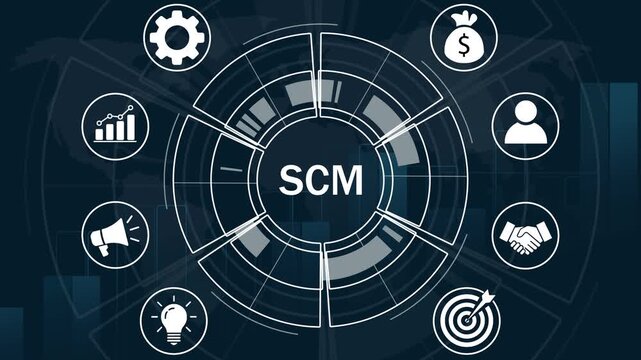 Dynamic supply chain management scm concept infographic with rotating digital interface featuring logistics, global trade, financial growth, and strategic business optimization network technology