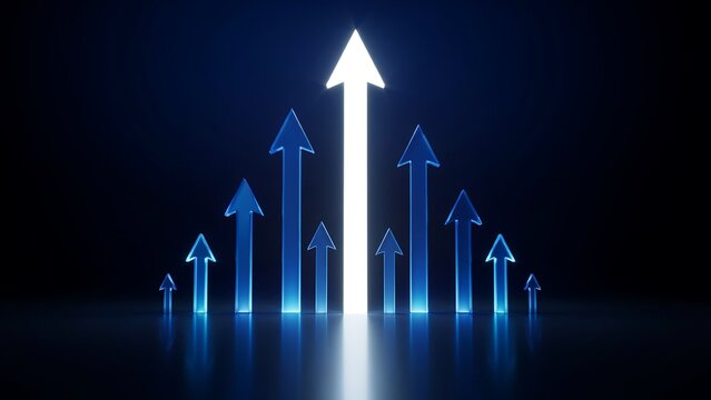 Glowing white leader arrow outperforming ascending translucent blue statistical bars representing leadership financial growth competitive edge success progress.
