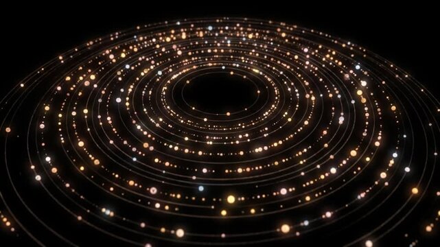 漆黒の宇宙空間から手前へ拡大する琥珀色とローズプラチナの輝く粒子の同心円CG動画