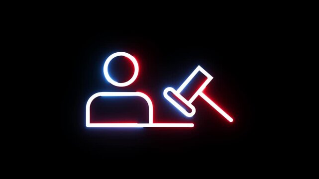 Neon gavel icon animation showing judge hitting block on black background for legal video.