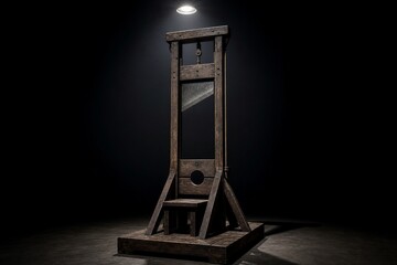 Naklejka premium Ancient wooden guillotine apparatus under single spotlight beam