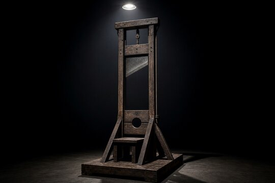 Ancient wooden guillotine apparatus under single spotlight beam
