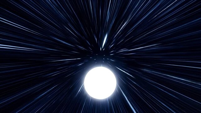漆黒の宇宙空間で手前に迫り来る白い量子球体とコバルトブルーの粒子のワープCG動画