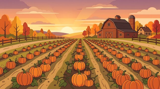 Pumpkin Patch Field at Sunset with Farm Barn Vector Illustration