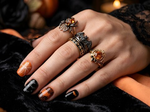 Woman wearing spider and bat rings on her fingers for a dark gothic halloween style
